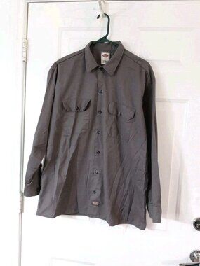 Dickies Long Sleeve Button Up Twill Work Shirt Gray W/ Pockets Men's Size Large